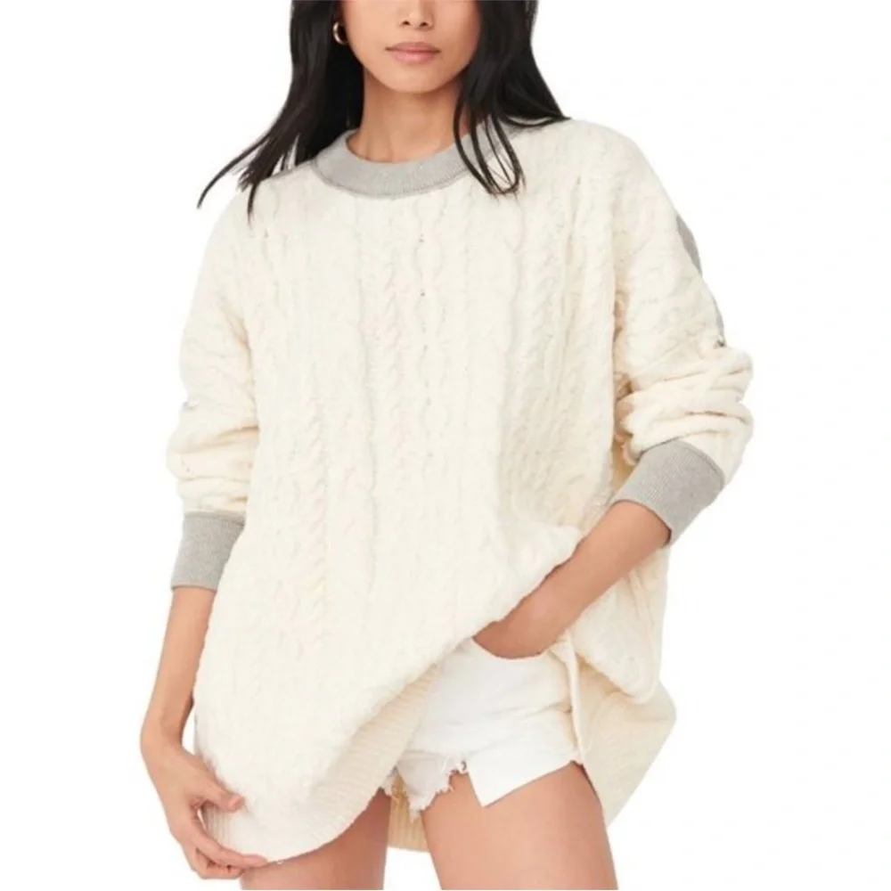 Free People Olympia‎ Oversized Cable Knit Sweater Cream Gray Size XS